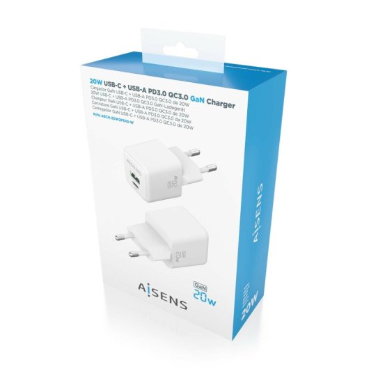 Aisens ASCH-20W2P010-W Cargador GaN 20W 1xUSB-C PD3.0 QC4.0 1xUSB-A QC3.0 Blanco