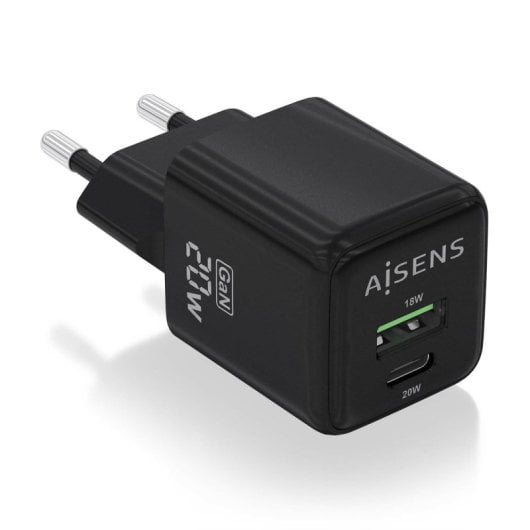 Aisens ASCH-20W2P011-BK Cargador GaN 20W 1xUSB-C PD3.0 QC4.0 1xUSB-A QC3.0 Negro