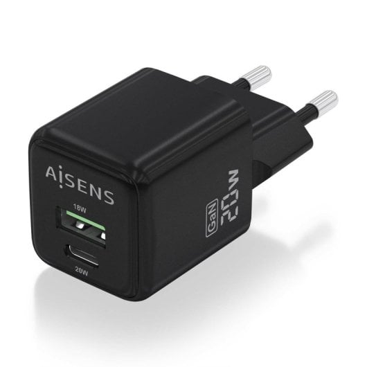 Aisens ASCH-20W2P011-BK Cargador GaN 20W 1xUSB-C PD3.0 QC4.0 1xUSB-A QC3.0 Negro