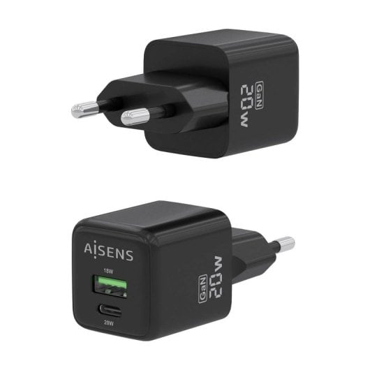 Aisens ASCH-20W2P011-BK Cargador GaN 20W 1xUSB-C PD3.0 QC4.0 1xUSB-A QC3.0 Negro