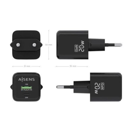 Aisens ASCH-20W2P011-BK Cargador GaN 20W 1xUSB-C PD3.0 QC4.0 1xUSB-A QC3.0 Negro