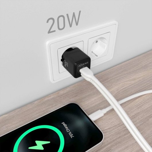 Aisens ASCH-20W2P011-BK Cargador GaN 20W 1xUSB-C PD3.0 QC4.0 1xUSB-A QC3.0 Negro