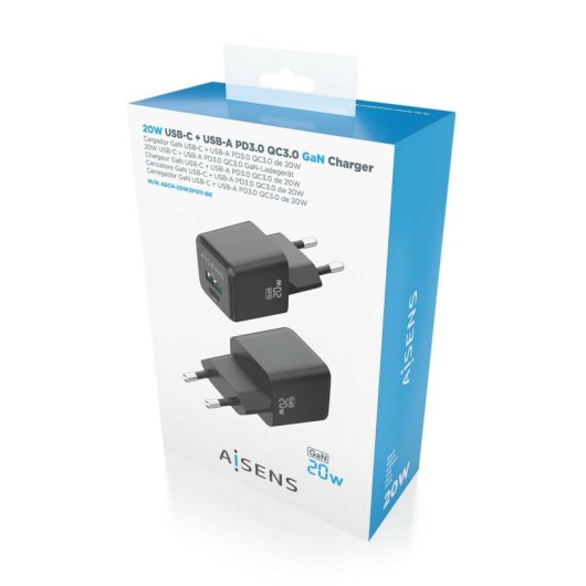 Aisens ASCH-20W2P011-BK Cargador GaN 20W 1xUSB-C PD3.0 QC4.0 1xUSB-A QC3.0 Negro