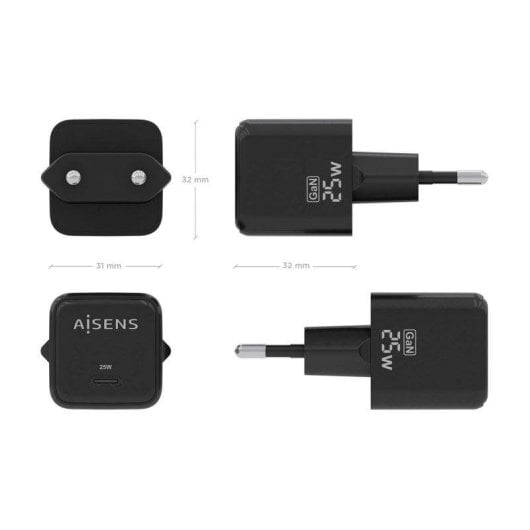 Ladegerät Aisens ASCH-25W1P013-BK GaN 25W 1xUSB-C PD3.0 QC4.0 Schwarz