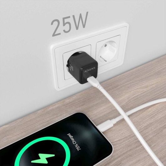 Aisens ASCH-25W1P013-BK GaN-Ladegerät 25W 1xUSB-C PD3.0 QC4.0 Schwarz