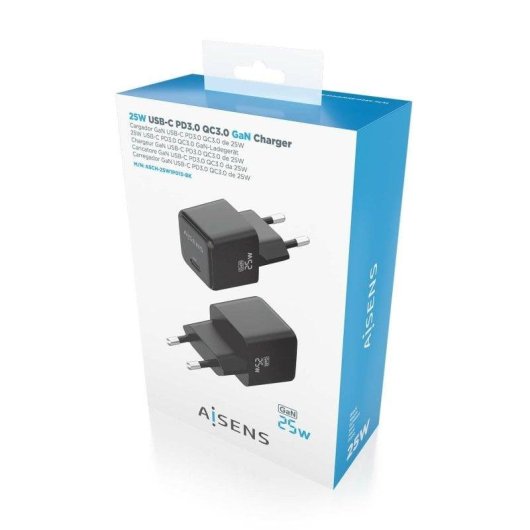 Ladegerät Aisens ASCH-25W1P013-BK GaN 25W 1xUSB-C PD3.0 QC4.0 Schwarz