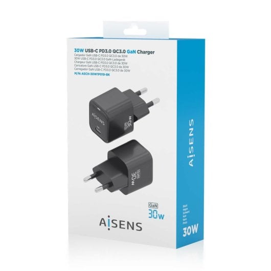 Aisens ASCH-30W1P019-BK GaN-Ladegerät 30W 1xUSB-C PD3.0 QC4.0 Schwarz