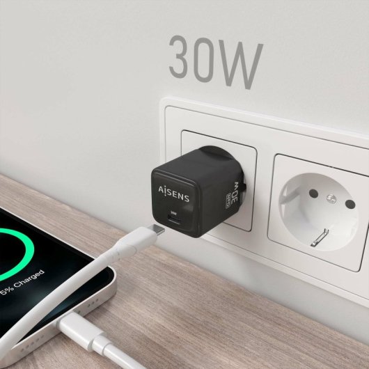 Chargeur Aisens ASCH-30W1P036-BK GaN 30 W 1 x USB-C PD3.0 QC4.0 Noir