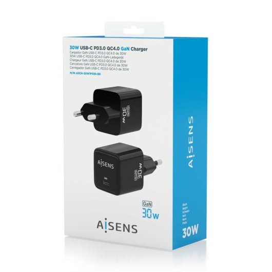 Chargeur Aisens ASCH-30W1P036-BK GaN 30 W 1 x USB-C PD3.0 QC4.0 Noir