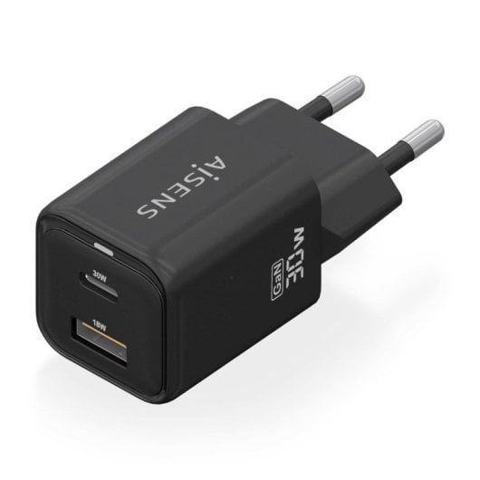 Aisens ASCH-30W2P021-BK Cargador GaN 30W 1xUSB-C PD3.0 QC4.0 1xUSB-A QC3.0 Negro