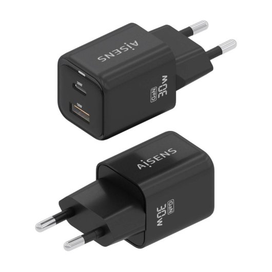 Aisens ASCH-30W2P021-BK Cargador GaN 30W 1xUSB-C PD3.0 QC4.0 1xUSB-A QC3.0 Negro