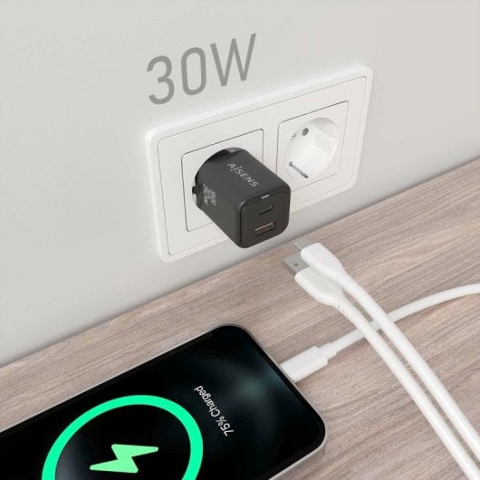 Aisens ASCH-30W2P021-BK Cargador GaN 30W 1xUSB-C PD3.0 QC4.0 1xUSB-A QC3.0 Negro