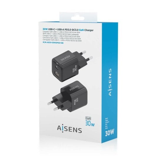 Aisens ASCH-30W2P021-BK Cargador GaN 30W 1xUSB-C PD3.0 QC4.0 1xUSB-A QC3.0 Negro