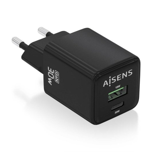 Chargeur Aisens ASCH-30W2P038-BK GaN 30 W 1 x USB-C PD3.0 QC4.0 1 x USB-A QC3.0 Noir