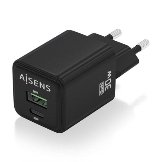Chargeur Aisens ASCH-30W2P038-BK GaN 30 W 1 x USB-C PD3.0 QC4.0 1 x USB-A QC3.0 Noir