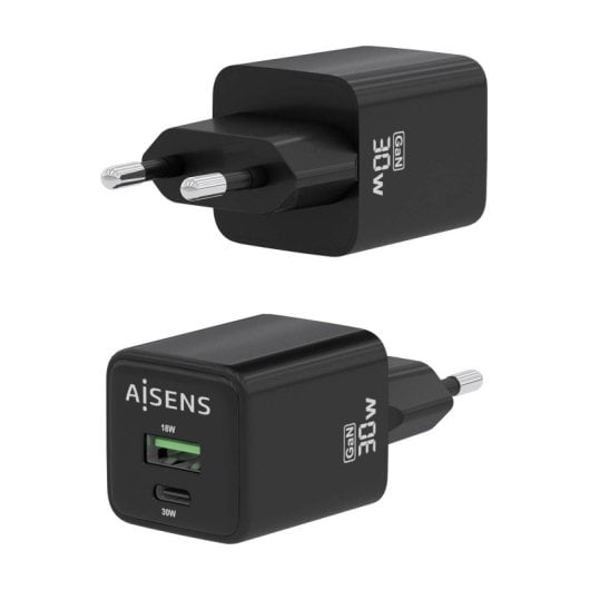 Chargeur Aisens ASCH-30W2P038-BK GaN 30 W 1 x USB-C PD3.0 QC4.0 1 x USB-A QC3.0 Noir