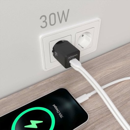 Chargeur Aisens ASCH-30W2P038-BK GaN 30 W 1 x USB-C PD3.0 QC4.0 1 x USB-A QC3.0 Noir