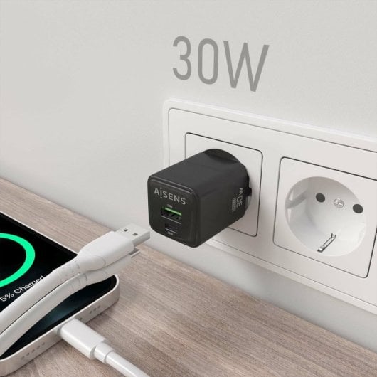 Chargeur Aisens ASCH-30W2P038-BK GaN 30 W 1 x USB-C PD3.0 QC4.0 1 x USB-A QC3.0 Noir