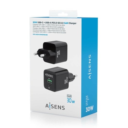 Chargeur Aisens ASCH-30W2P038-BK GaN 30 W 1 x USB-C PD3.0 QC4.0 1 x USB-A QC3.0 Noir