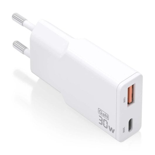Aisens ASCH-30W2P046-W Cargador GaN Ultra Slim 30W USB-C PD3.0 QC4.0 1xUSB-A QC3.0 Blanco