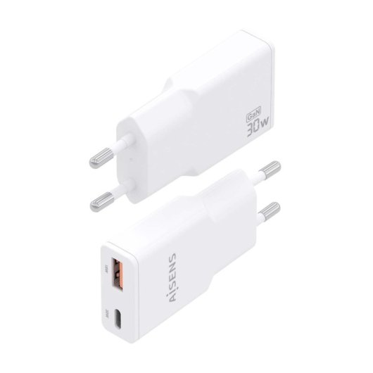 Aisens ASCH-30W2P046-W Cargador GaN Ultra Slim 30W USB-C PD3.0 QC4.0 1xUSB-A QC3.0 Blanco