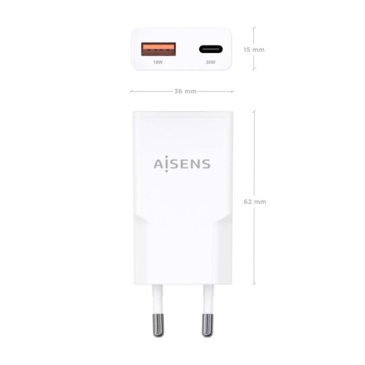 Aisens ASCH-30W2P046-W Cargador GaN Ultra Slim 30W USB-C PD3.0 QC4.0 1xUSB-A QC3.0 Blanco