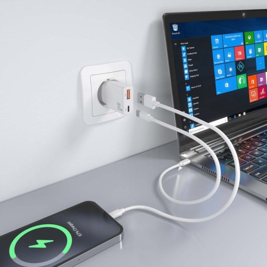 Aisens ASCH-30W2P046-W Cargador GaN Ultra Slim 30W USB-C PD3.0 QC4.0 1xUSB-A QC3.0 Blanco