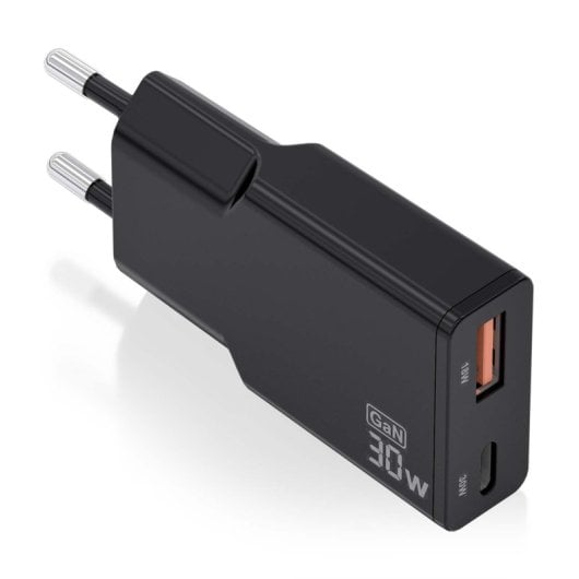 Aisens ASCH-30W2P047-BK Cargador GaN Ultra Slim 30W USB-C PD3.0 QC4.0 1xUSB-A QC3.0 Negro