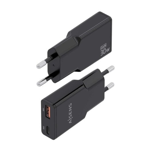 Aisens ASCH-30W2P047-BK Cargador GaN Ultra Slim 30W USB-C PD3.0 QC4.0 1xUSB-A QC3.0 Negro