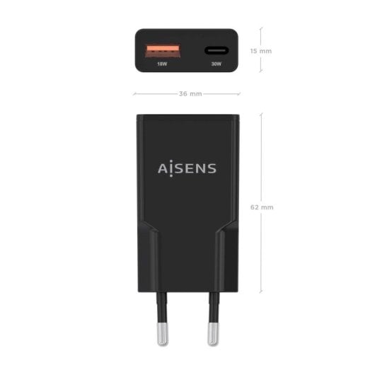 Aisens ASCH-30W2P047-BK Cargador GaN Ultra Slim 30W USB-C PD3.0 QC4.0 1xUSB-A QC3.0 Negro