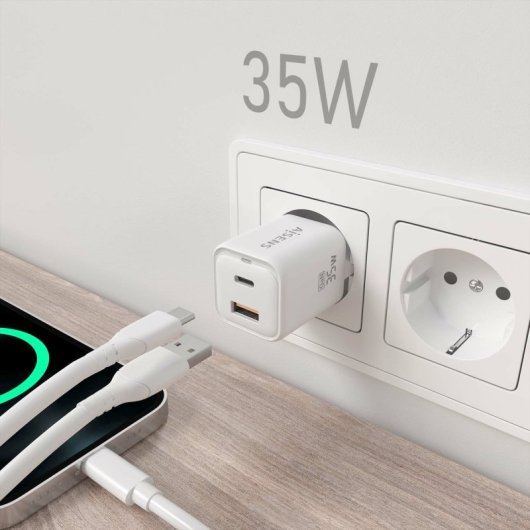 Aisens ASCH-35W2P024-W Cargador GaN 35W 1xUSB-C PD3.0 QC4.0 1xUSB-A QC3.0 Blanco