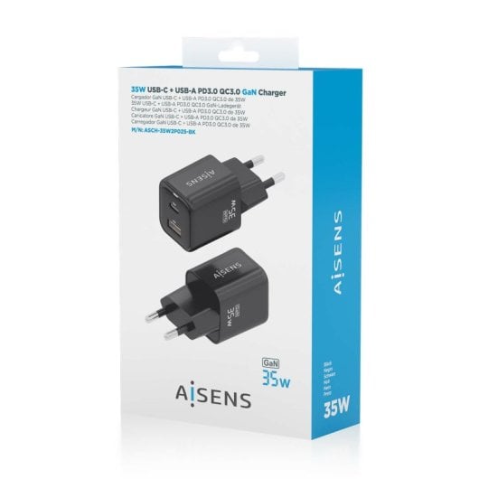 Aisens ASCH-35W2P025-BK 35W GaN Ladegerät 1xUSB-C PD3.0 QC4.0 1xUSB-A QC3.0 Schwarz
