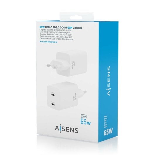 Aisens ASCH-65W2P039-W 65W GaN Ladegerät 2xUSB-C PD3.0 QC4.0 Weiß