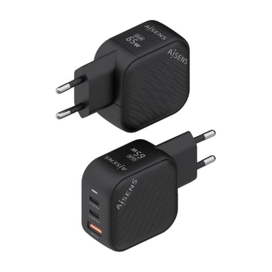 Aisens ASCH-65W3P027-BK Carregador GaN 65W 2xUSB-C PD3.0 QC4.0 1xUSB-A QC3.0 Preto