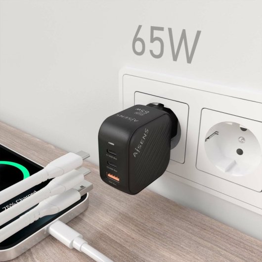 Aisens ASCH-65W3P027-BK Carregador GaN 65W 2xUSB-C PD3.0 QC4.0 1xUSB-A QC3.0 Preto