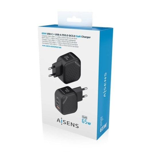 Aisens ASCH-65W3P027-BK Carregador GaN 65W 2xUSB-C PD3.0 QC4.0 1xUSB-A QC3.0 Preto