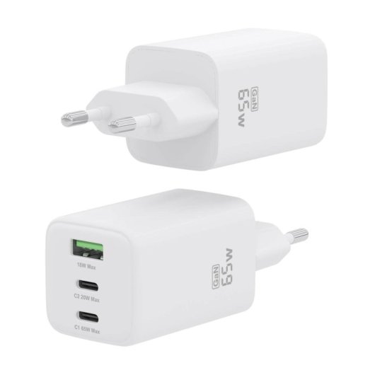 Aisens ASCH-65W3P041-W Cargador GaN 65W 2xUSB-C PD3.0 QC4.0 1xUSB-A QC3.0 Blanco