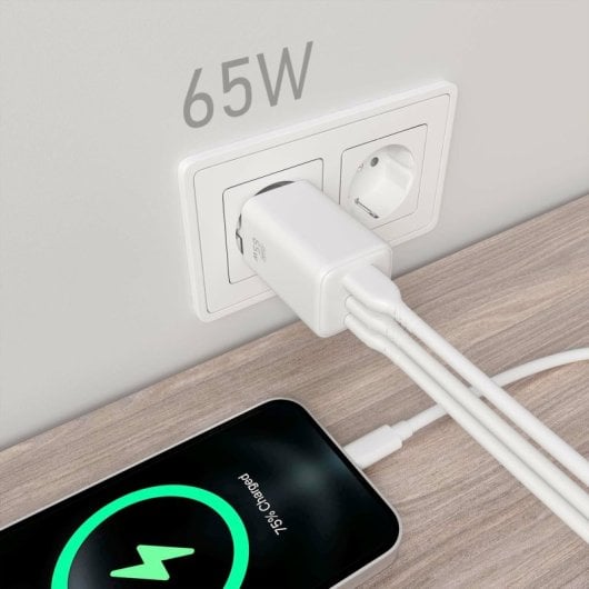 Aisens ASCH-65W3P041-W Cargador GaN 65W 2xUSB-C PD3.0 QC4.0 1xUSB-A QC3.0 Blanco