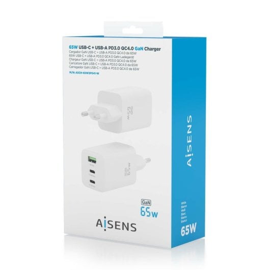 Aisens ASCH-65W3P041-W Cargador GaN 65W 2xUSB-C PD3.0 QC4.0 1xUSB-A QC3.0 Blanco