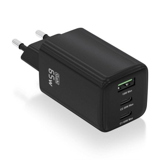 Aisens ASCH-65W3P042-BK Cargador GaN 65W 2xUSB-C PD3.0 QC4.0 1xUSB-A QC3.0 Negro