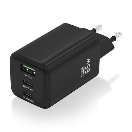 Aisens ASCH-65W3P042-BK Cargador GaN 65W 2xUSB-C PD3.0 QC4.0 1xUSB-A QC3.0 Negro