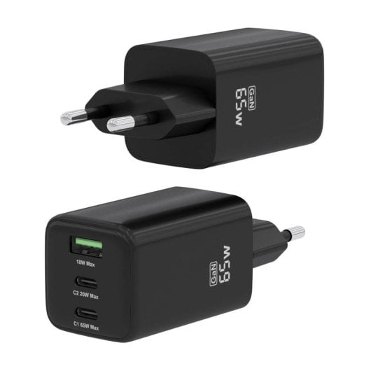 Aisens ASCH-65W3P042-BK Cargador GaN 65W 2xUSB-C PD3.0 QC4.0 1xUSB-A QC3.0 Negro