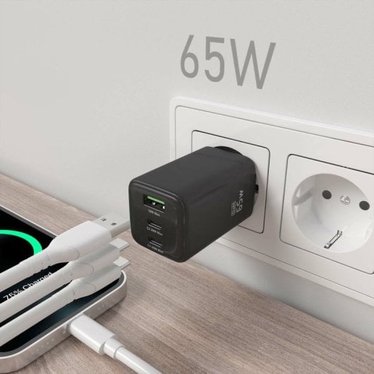 Aisens ASCH-65W3P042-BK Cargador GaN 65W 2xUSB-C PD3.0 QC4.0 1xUSB-A QC3.0 Negro