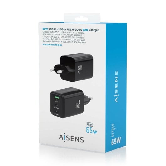 Aisens ASCH-65W3P042-BK Cargador GaN 65W 2xUSB-C PD3.0 QC4.0 1xUSB-A QC3.0 Negro
