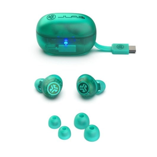 JLab Go Pop ANC Auriculares Bluetooth TWS con Cancelación Activa de Ruido Verde Azulado Transparente