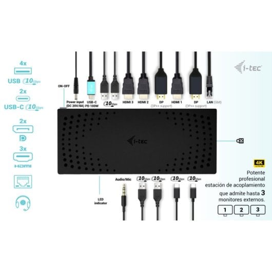 I-Tech Estación de Acoplamiento USB 3.0 / USB-C / Thunderbolt 3 puertos 4K Gen 2 + PD 100 W
