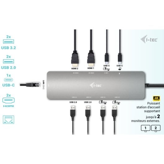 Estación de acoplamiento USB-C i-tec Metal Nano 2x HDMI 100W, 5 Gbps, Plata, LAN Gigabit