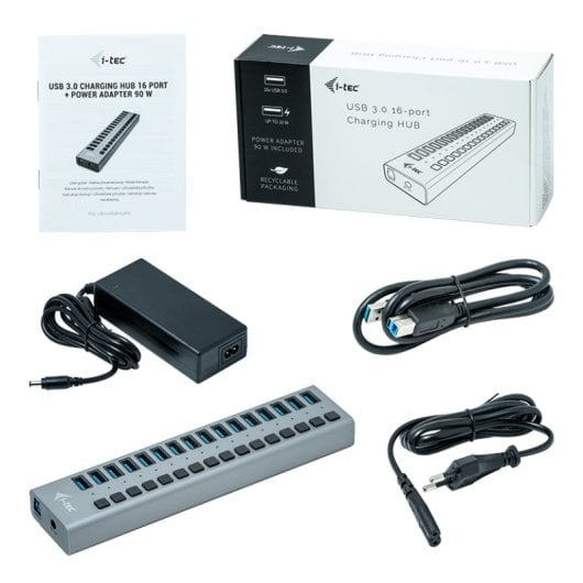 Concentrador USB i-tec USB 3.0 Charging HUB 16 puertos 90W Gris Plug & Play Alimentación 100-240V