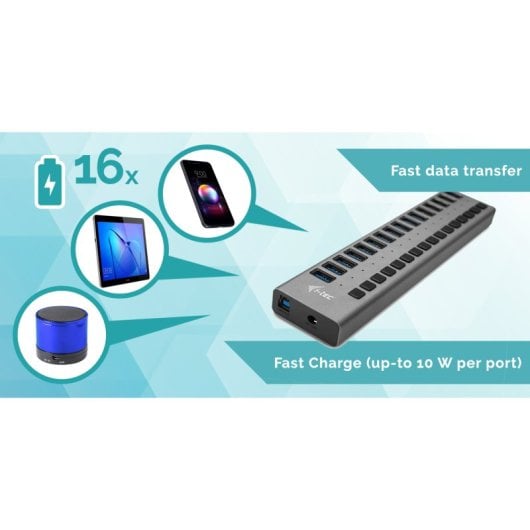 Concentrador USB i-tec USB 3.0 Charging HUB 16 puertos 90W Gris Plug & Play Alimentación 100-240V