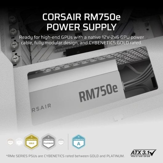 Corsair RMe Series RM750e ATX 3.1 PCIe 5.1 750W Cybenetics 80 Plus Gold Modular Branca